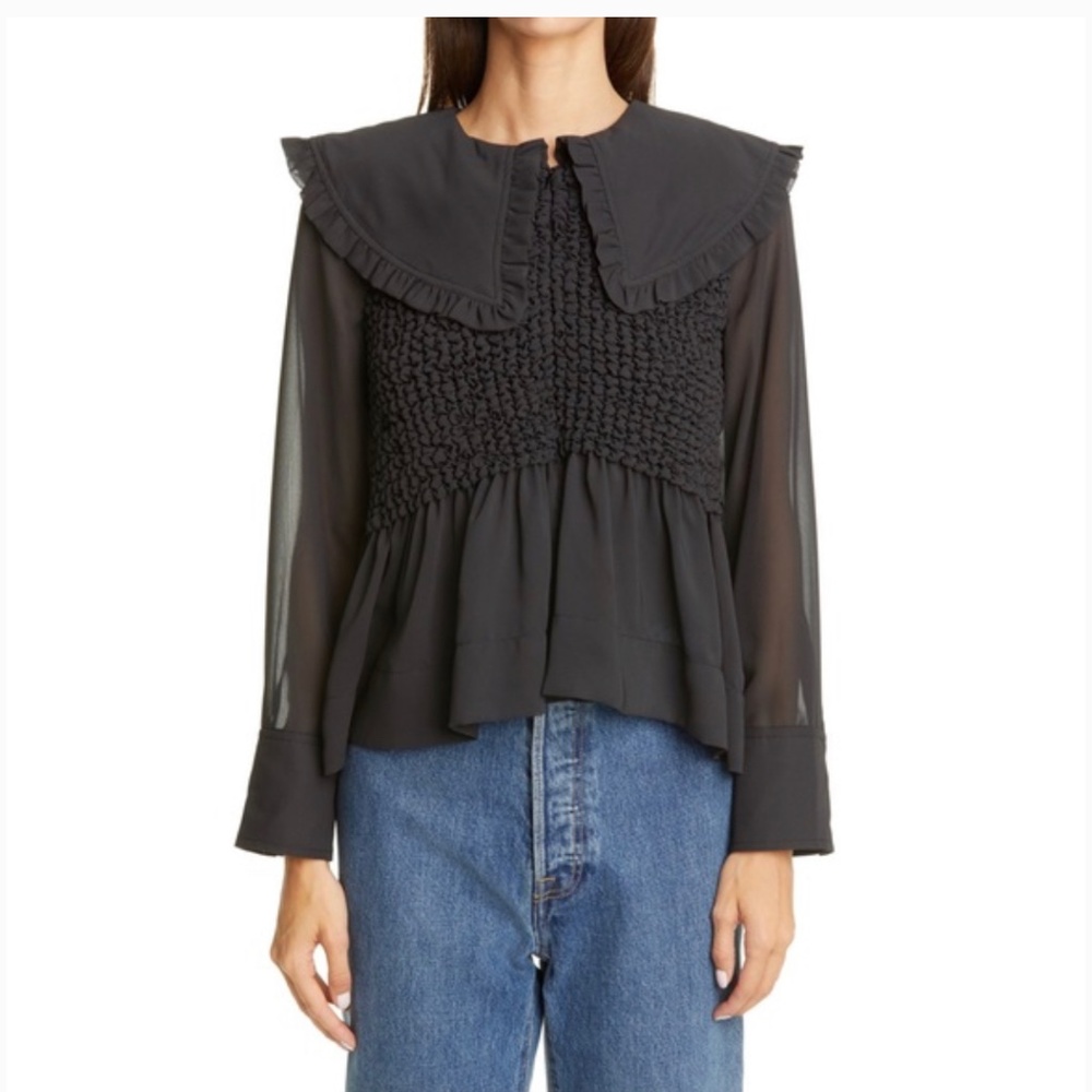 GANNI sz 34 Ruffle Collar Smocked Chiffon Blouse Black